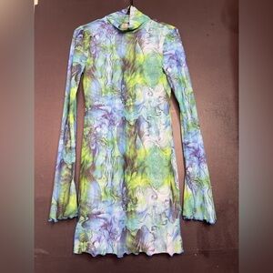 Medium blue colorful dress see-through turtleneck